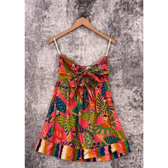 Farm Rio Dress Medium Womens Graphic Macaws Coral Tie Front Strapless Mini - Picture 1 of 8